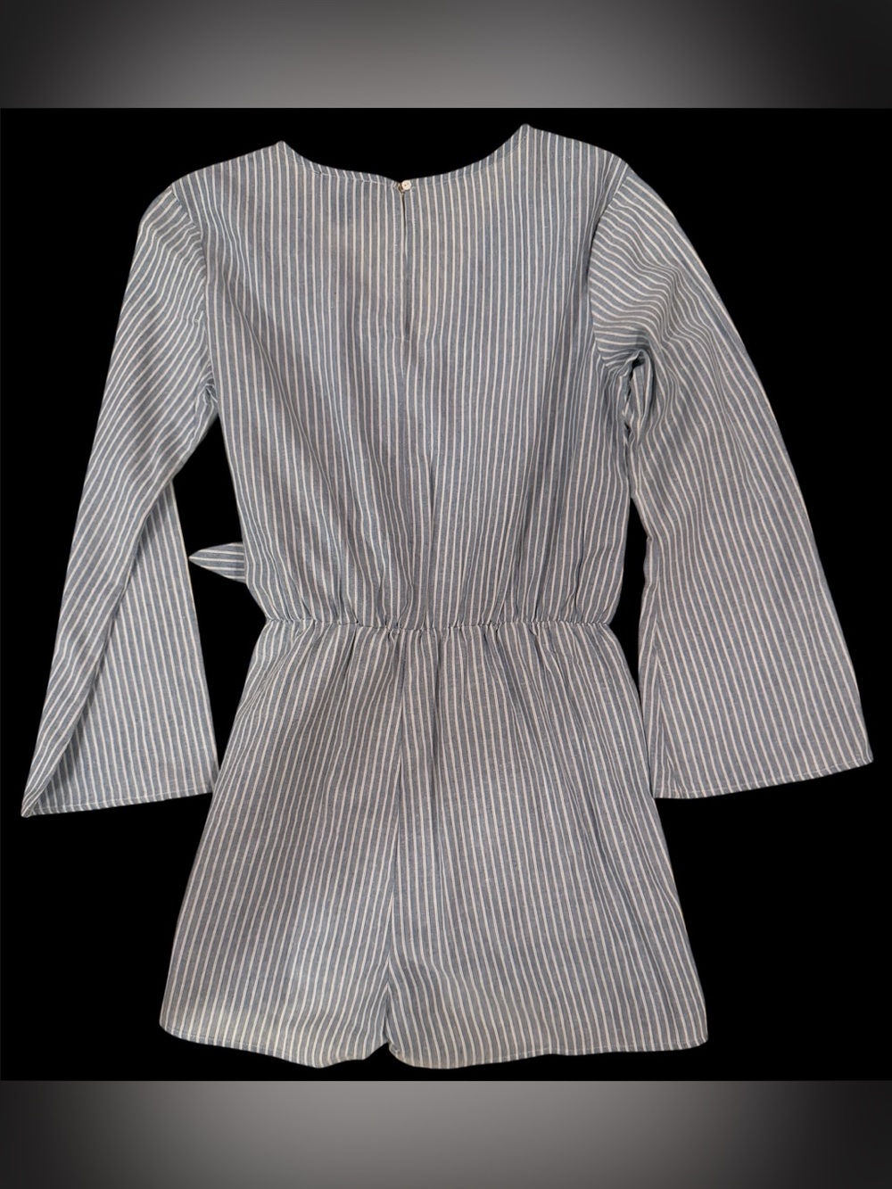 Lumiere Striped Long Bell Sleeve Romper in Blue and White